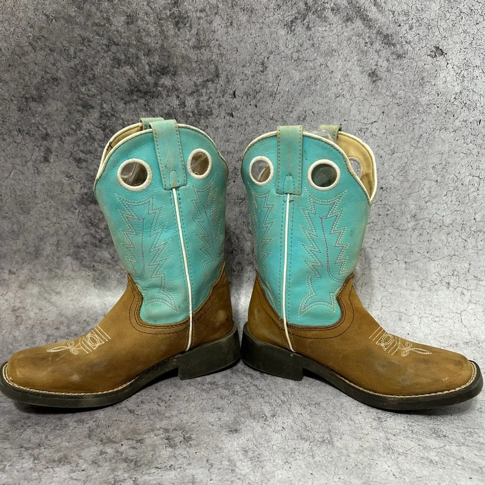 Shyanne Ceci Western Boots Kids Size 1 Brown Blue Leather Cowboy Pull Holes